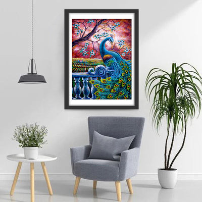 Blauer Pfau und roter Himmel Diamond Painting