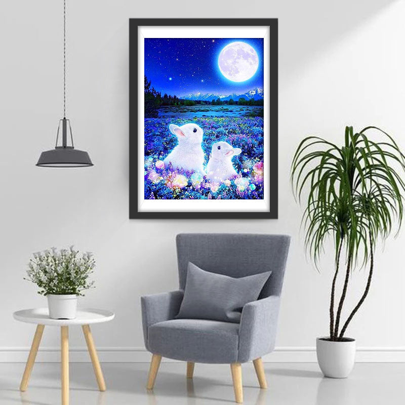 Kaninchen Vollmond Blumen Diamond Painting