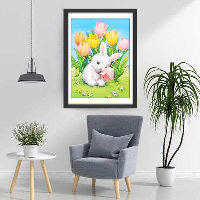 Weißer Hase und Tulpen Diamond Painting