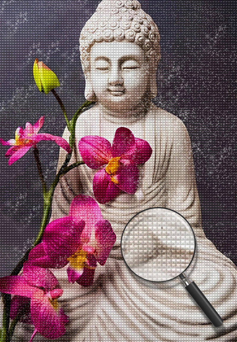 Weiße Buddhafigur und rote Blumen Diamond Painting