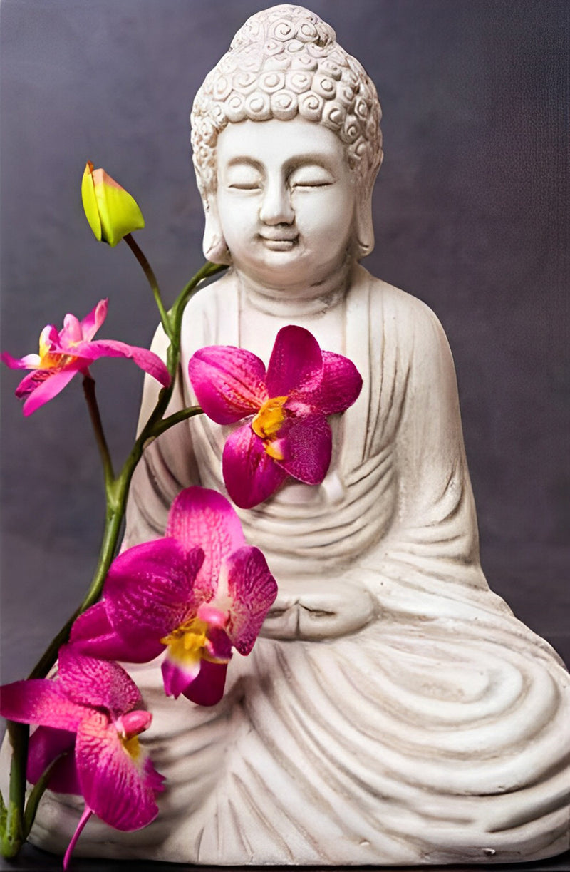 Weiße Buddhafigur und rote Blumen Diamond Painting