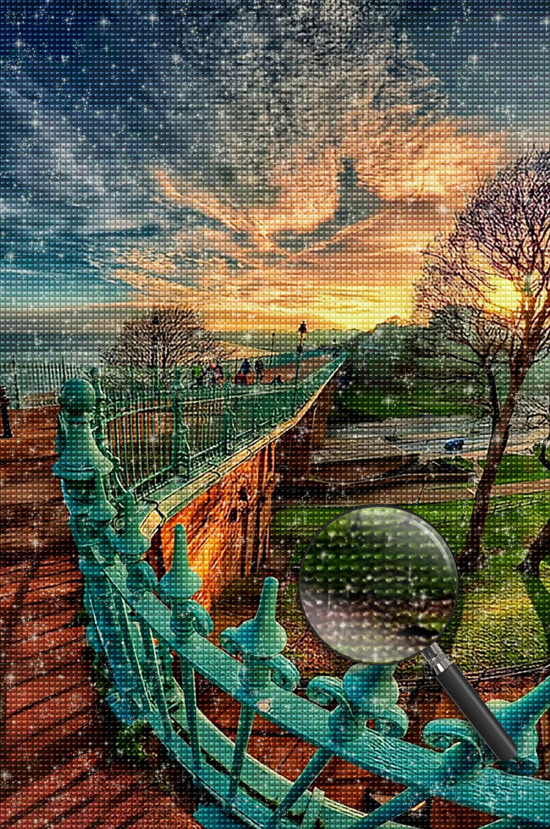 Holzbrücke Sonnenaufgang Diamond Painting