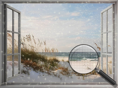 Weißer Sandstrand vor dem Fenster Diamond Painting