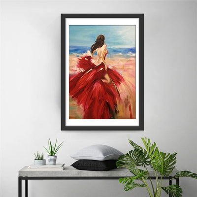 Schöne Frau im roten Kleid am Meer Diamond Painting