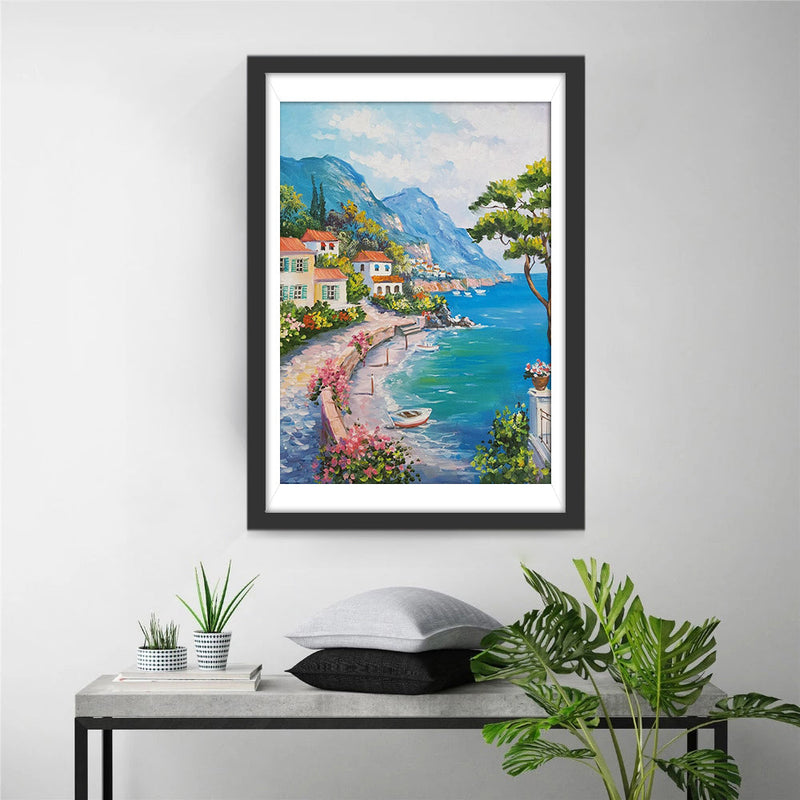 Kleine Stadt am Meer und Hochgebirge Diamond Painting