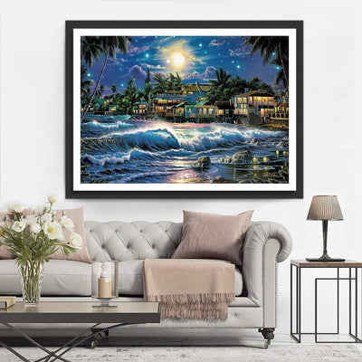 Stadt am Meer und Wellen Diamond Painting