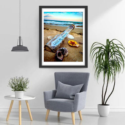 Flasche, Muschel und Seestern am Strand Diamond Painting