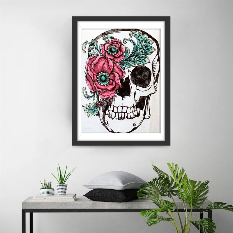 Weißer Totenkopf und Mohnblumen Diamond Painting