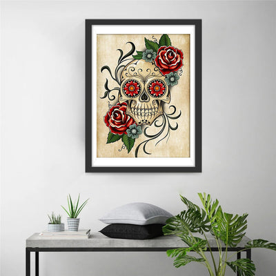 Totenkopf, Rosen und Chrysanthemen Diamond Painting