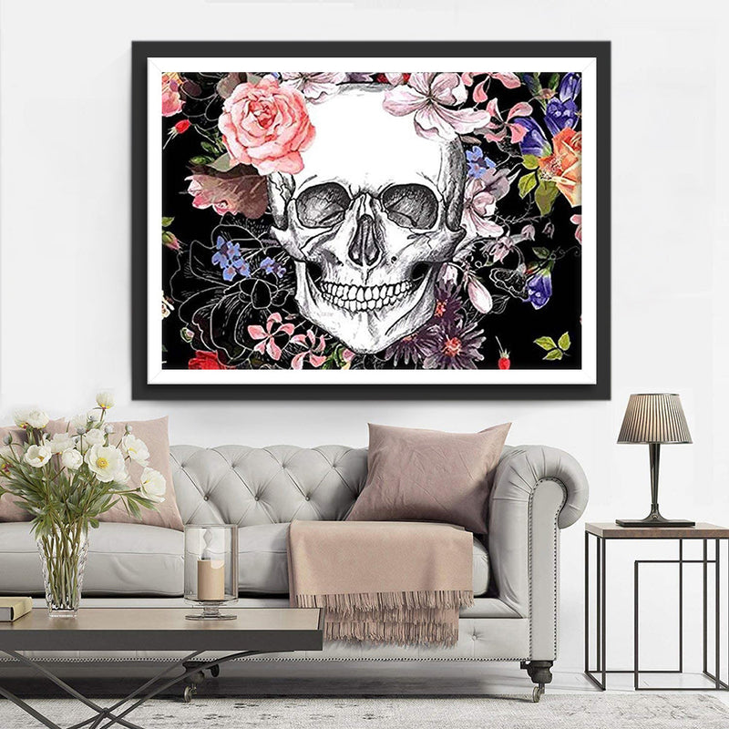 Schwarzweißer Totenkopf und Blumen Diamond Painting