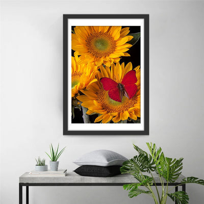 Sonnenblumen und roter Schmetterling Diamond Painting