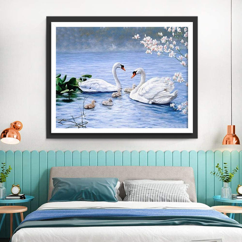 Weiße Schwäne und graue junge Enten Diamond Painting