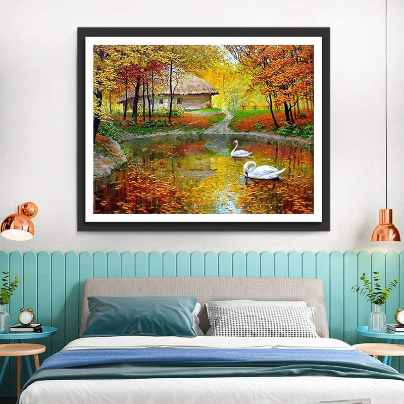 Schwäne und Hütte im Wald im Herbst Diamond Painting