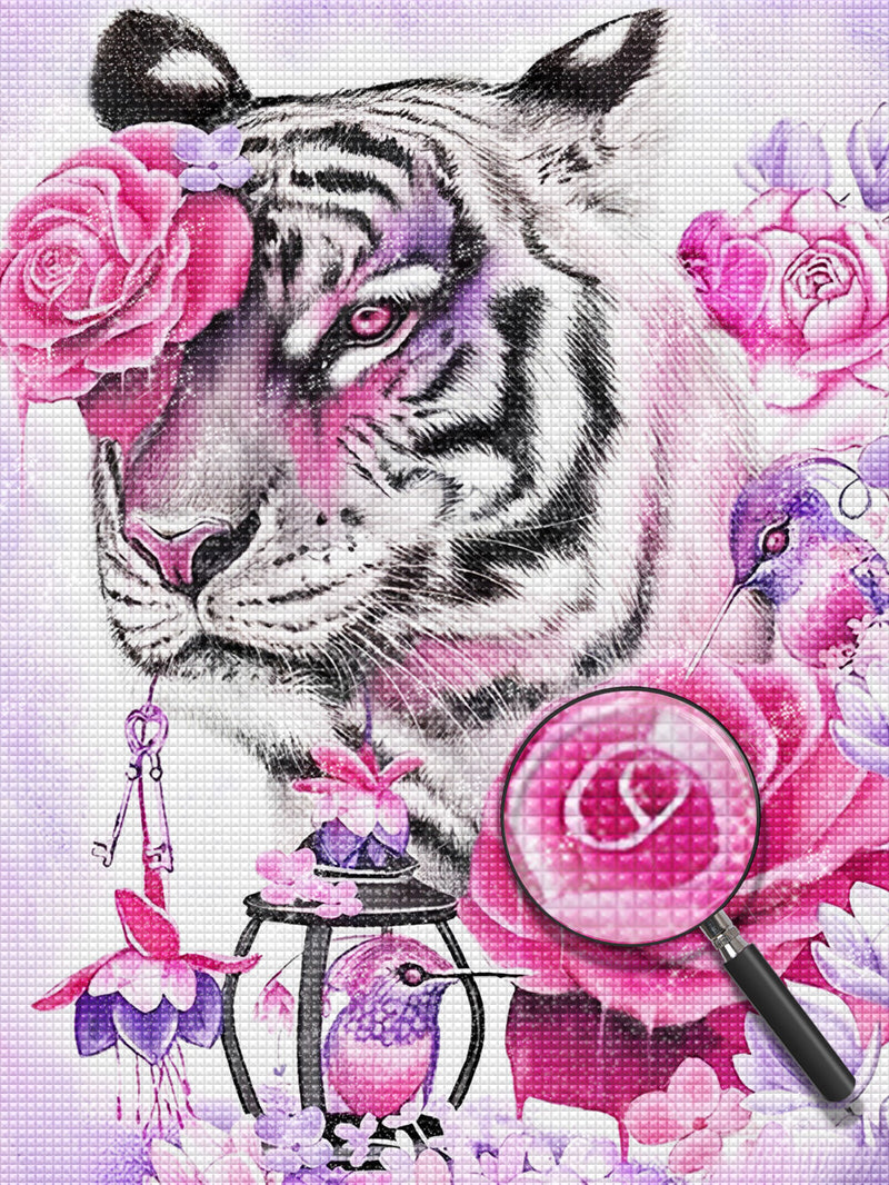 Tiger, Rosen und Vögel Diamond Painting