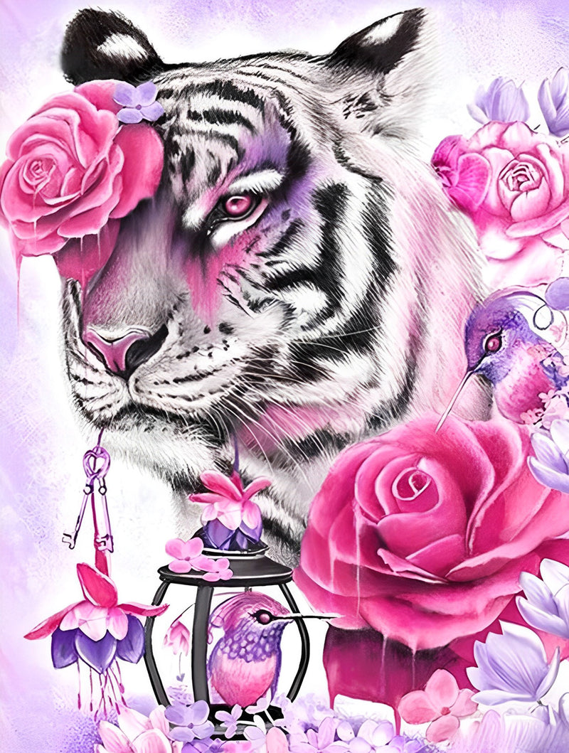 Tiger, Rosen und Vögel Diamond Painting