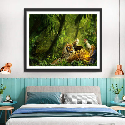 Tiger und Mädchen im Regenwald Diamond Painting