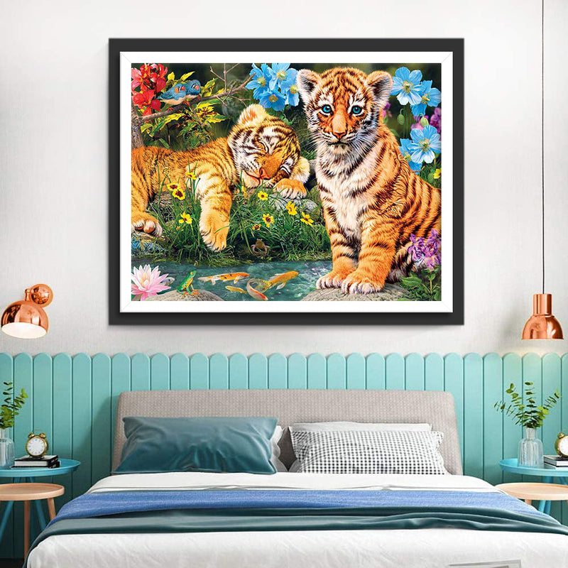 Tiger auf dem Feld mit Blumen Diamond Painting