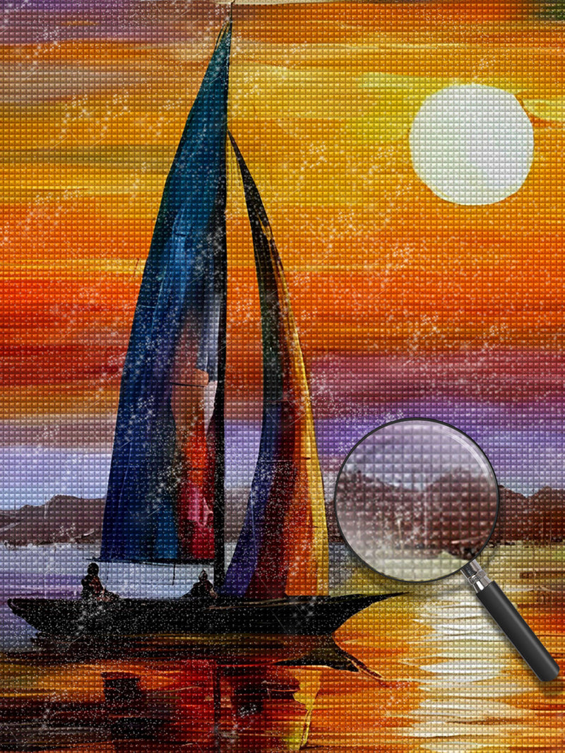 Einsames Segel auf dem See und Abendsonne Diamond Painting