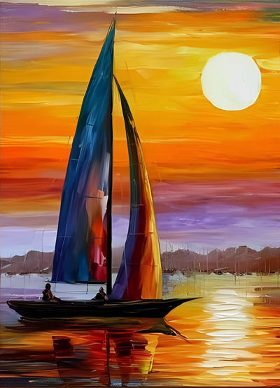 Einsames Segel auf dem See und Abendsonne Diamond Painting