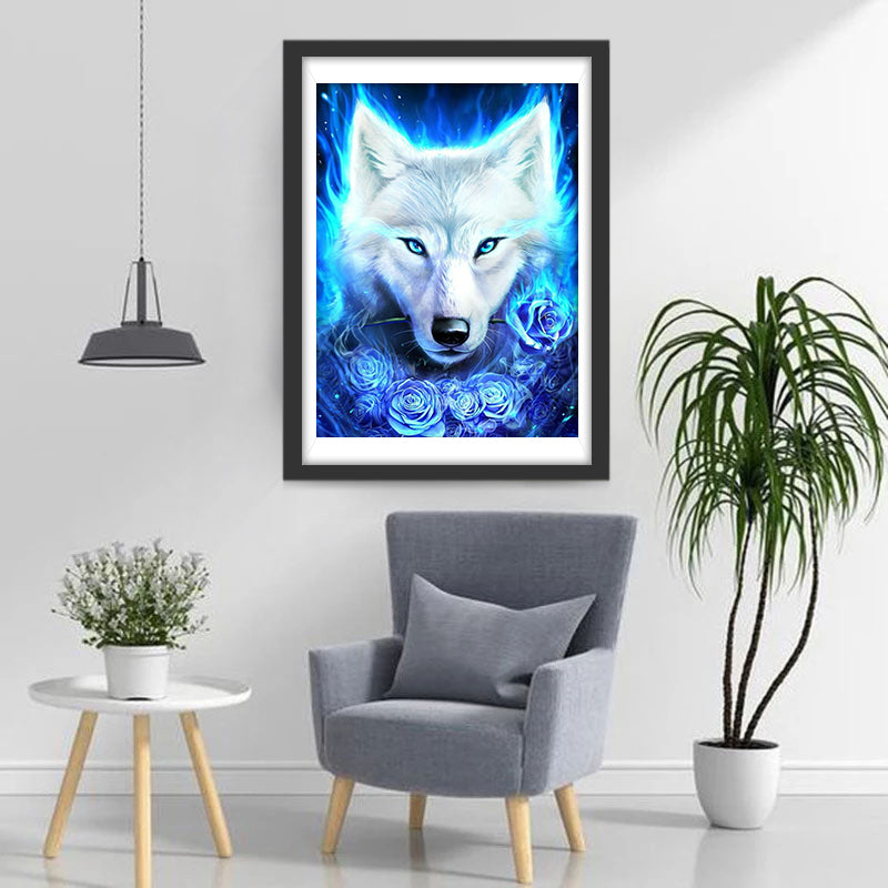 Wolf und blaue Rosen Diamond Painting