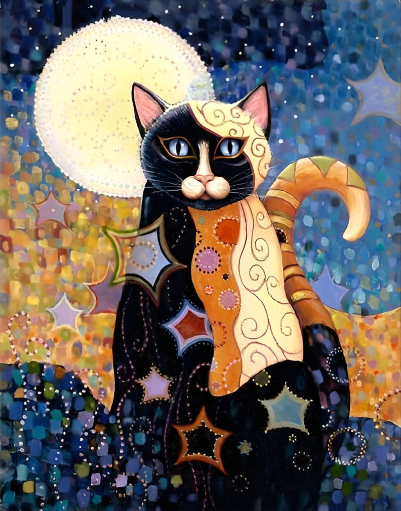 Abstrakte Katze und Vollmond Diamond Painting