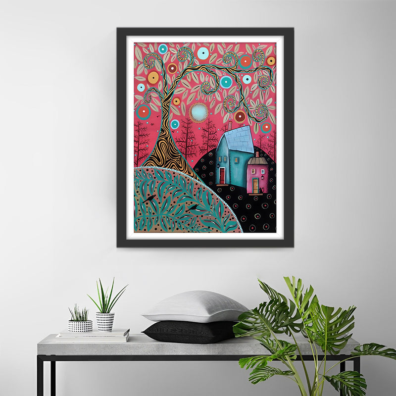 Abstrakter Baum und Hütte Diamond Painting