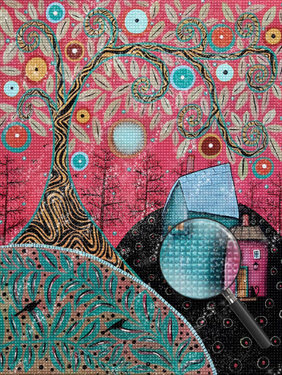 Abstrakter Baum und Hütte Diamond Painting