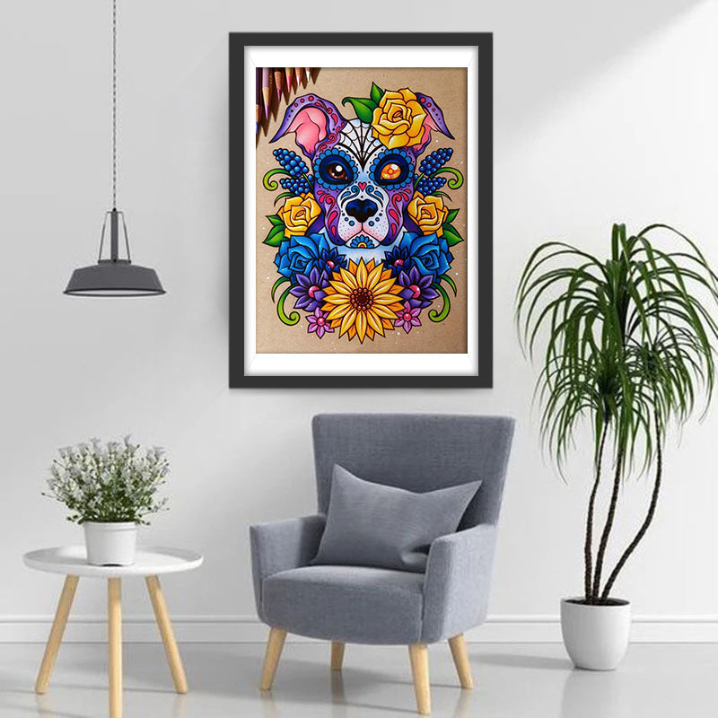 Abstrakter Hund und Blumen Diamond Painting