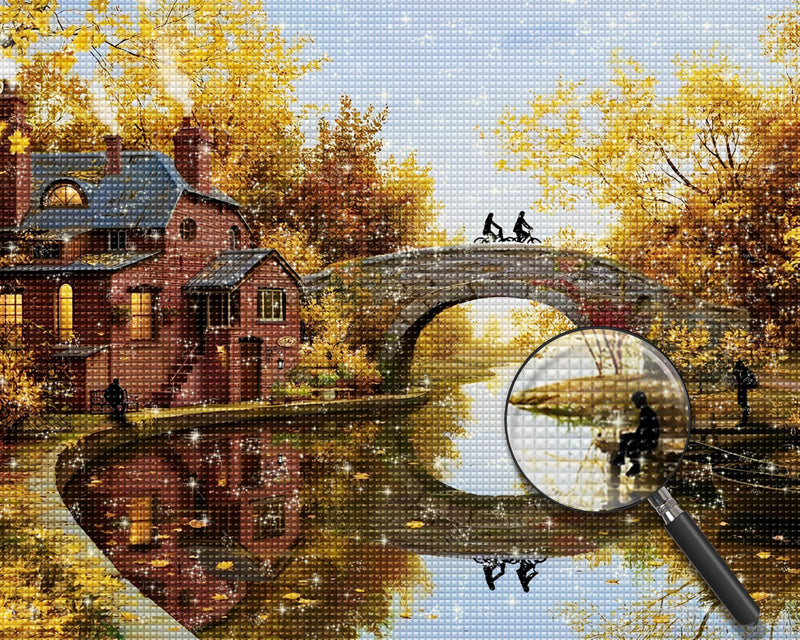 Ahornwald, Villa und Bogenbrücke im Herbst Diamond Painting