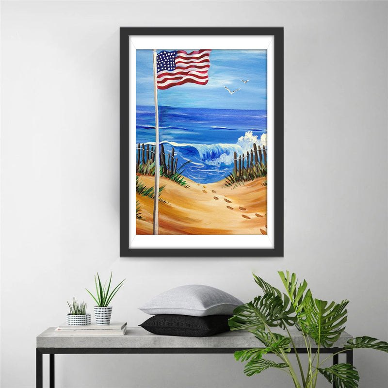 Amerikanische Flagge am Meer Diamond Painting