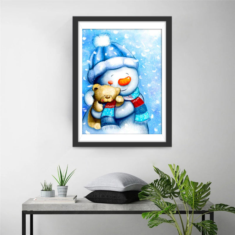 Bärchen haltender weihnachtlicher Schneemann Diamond Painting