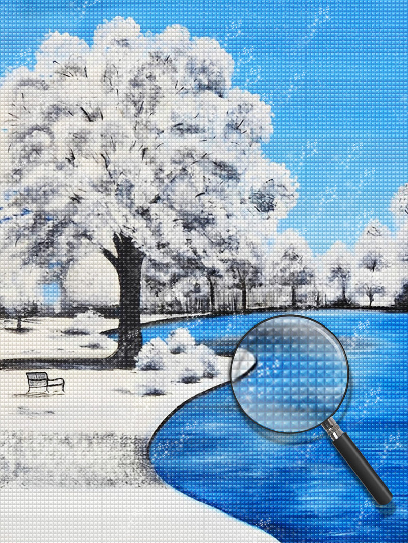 Bäume mit Schnee am See Diamond Painting