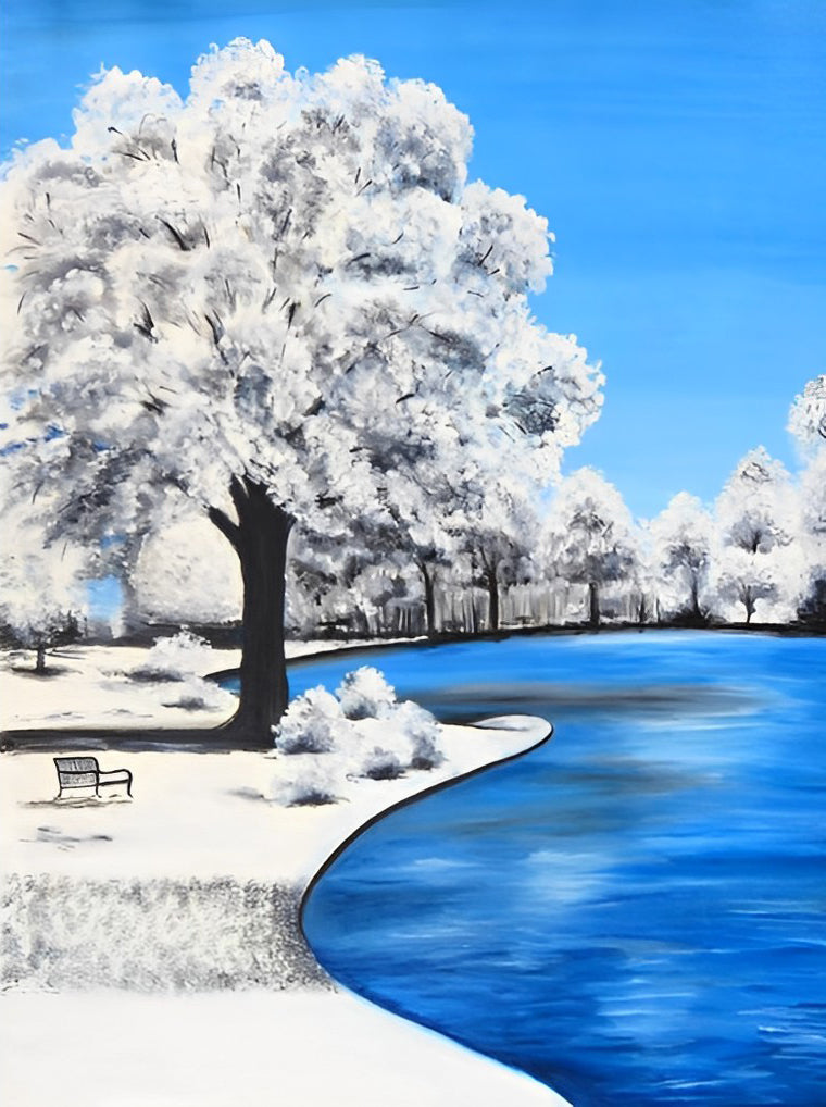 Bäume mit Schnee am See Diamond Painting