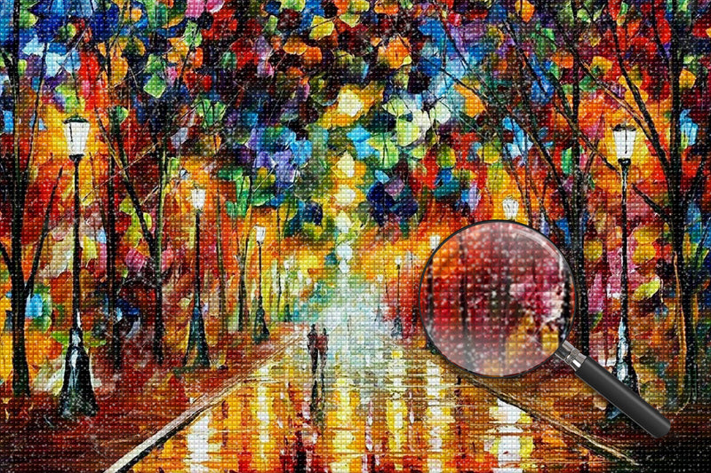 Bäume und Straßenlampen im Ölgemälde Diamond Painting