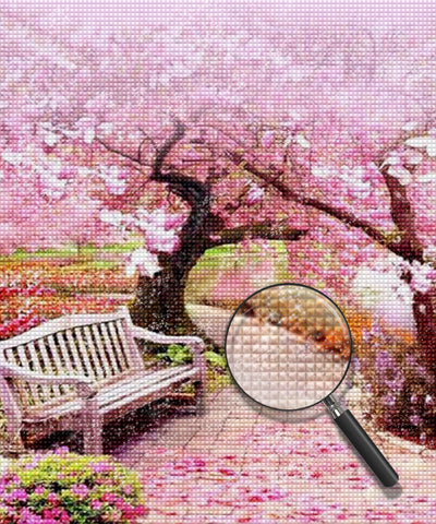 Bank unter rosa Kirschblüten Diamond Painting