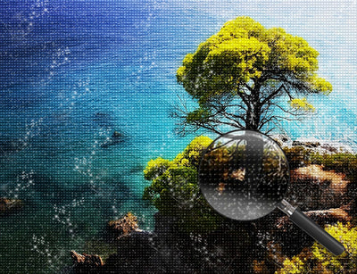 Baum auf dem Felshaufen am Meer Diamond Painting