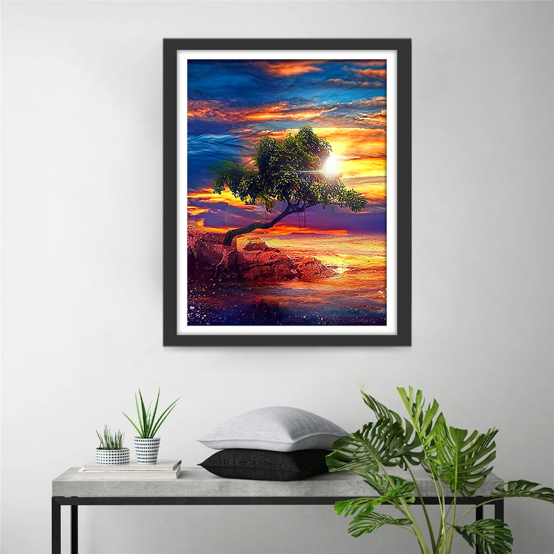 Baum Felsen Meer Sonnenuntergang Diamond Painting