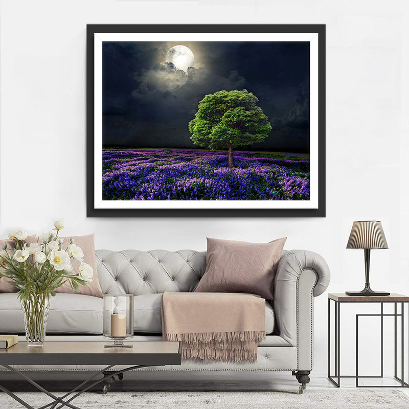 Baum Lavendelfeld Nacht Diamond Painting