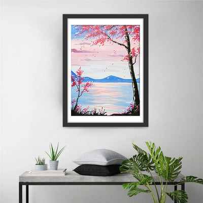 Baum mit rosa Blumen am See Diamond Painting