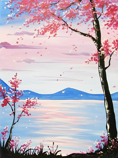 Baum mit rosa Blumen am See Diamond Painting