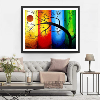 Baum, Sonne und Vierfarben-Hintergrund Diamond Painting