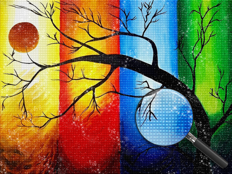 Baum, Sonne und Vierfarben-Hintergrund Diamond Painting