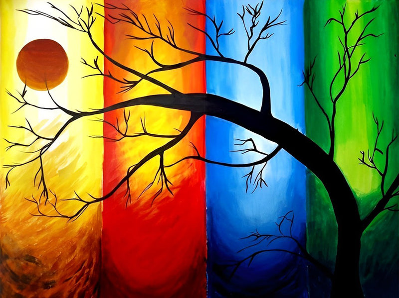 Baum, Sonne und Vierfarben-Hintergrund Diamond Painting