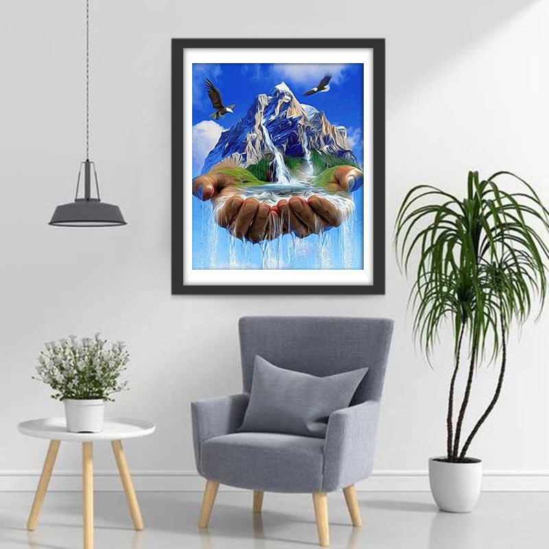 Berg und Wasserfall in der Hand Diamond Painting