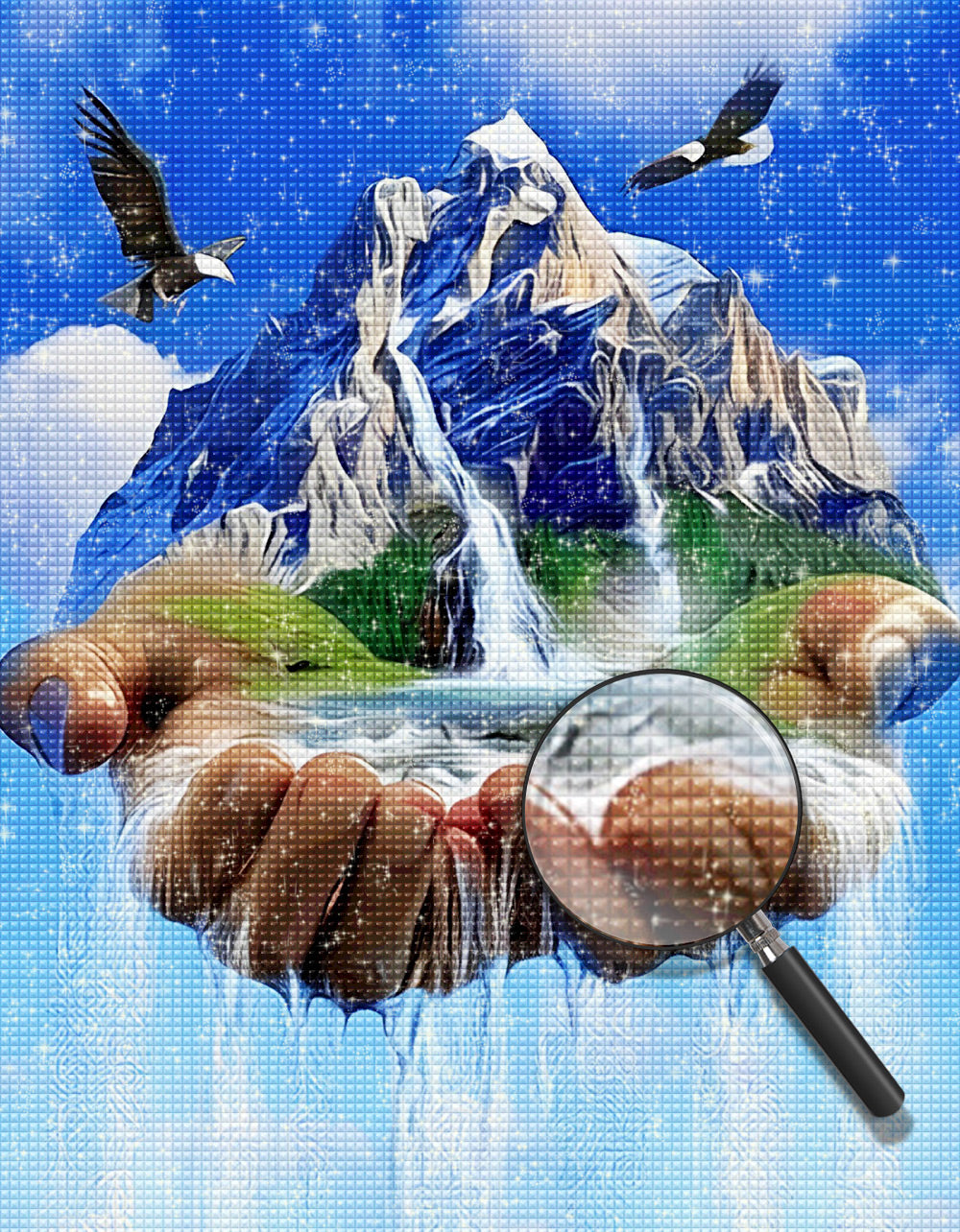 Berg und Wasserfall in der Hand Diamond Painting