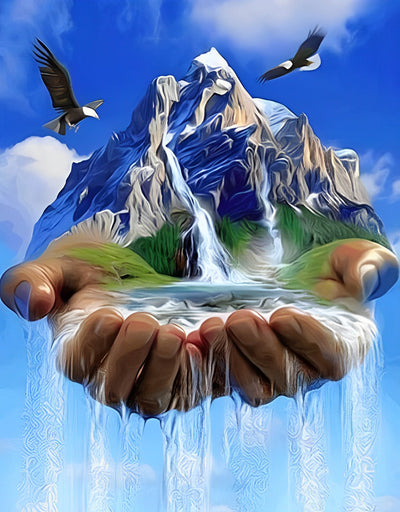 Berg und Wasserfall in der Hand Diamond Painting