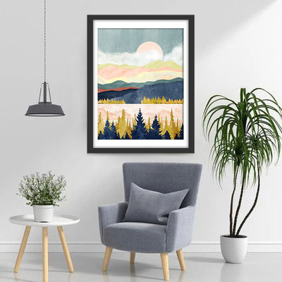 Berge, Wald und Sonnenaufgang Diamond Painting