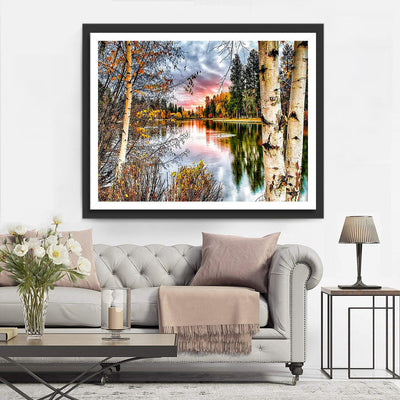 Birke und See im Herbst Diamond Painting