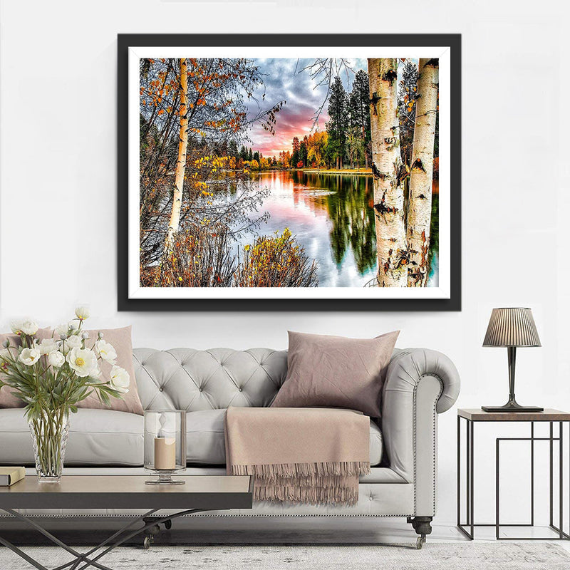 Birke und See im Herbst Diamond Painting