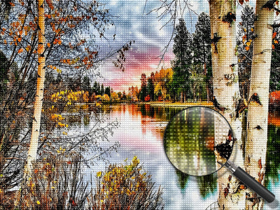 Birke und See im Herbst Diamond Painting